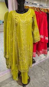 Olive green fully embroidered 3-piece suit by Fashion Street, featuring intricate embroidery on the fabric and matching accessories.