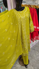 Olive Green Fully Embroidered 3 Piece Suit