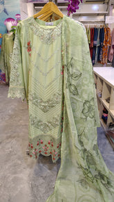 Elegant mint green 3-piece embroidered suit by Fashion Street, featuring intricate embroidery and stylish traditional design.