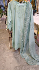 Elegant mint green embroidered lawn 3-piece suit by Fashion Street, featuring intricate embroidery and lightweight fabric.