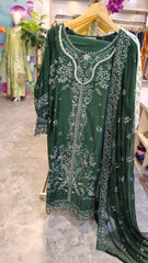 Elegant Dark Green Embroidered Lawn 3 Piece Suit