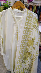 Elegant white lace work lawn 3-piece suit by Fashion Street, featuring intricate lace details and traditional design elements.