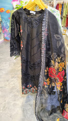 Elegant Black Embroidered Lawn 3 Piece Suit with Printed Dupatta