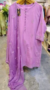 Embellished lawn suit with intricate embroidery and chiffon dupatta, traditional Indian attire by Fashion Street.