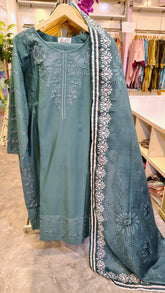 Elegant teal green embroidered lawn 3-piece suit by Fashion Street, featuring intricate embroidery and lightweight fabric.