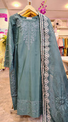 Elegant Teal Green Embroidered Lawn 3 Piece Suit