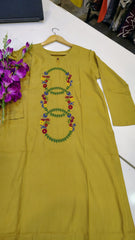 Elegant mustard embroidered lawn kurta by Fashion Street, showcasing intricate embroidery and lightweight fabric.