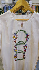 Off-White long embroidered lawn kurta with intricate embroidery, stylish neckline, and traditional design suitable for festive wear.