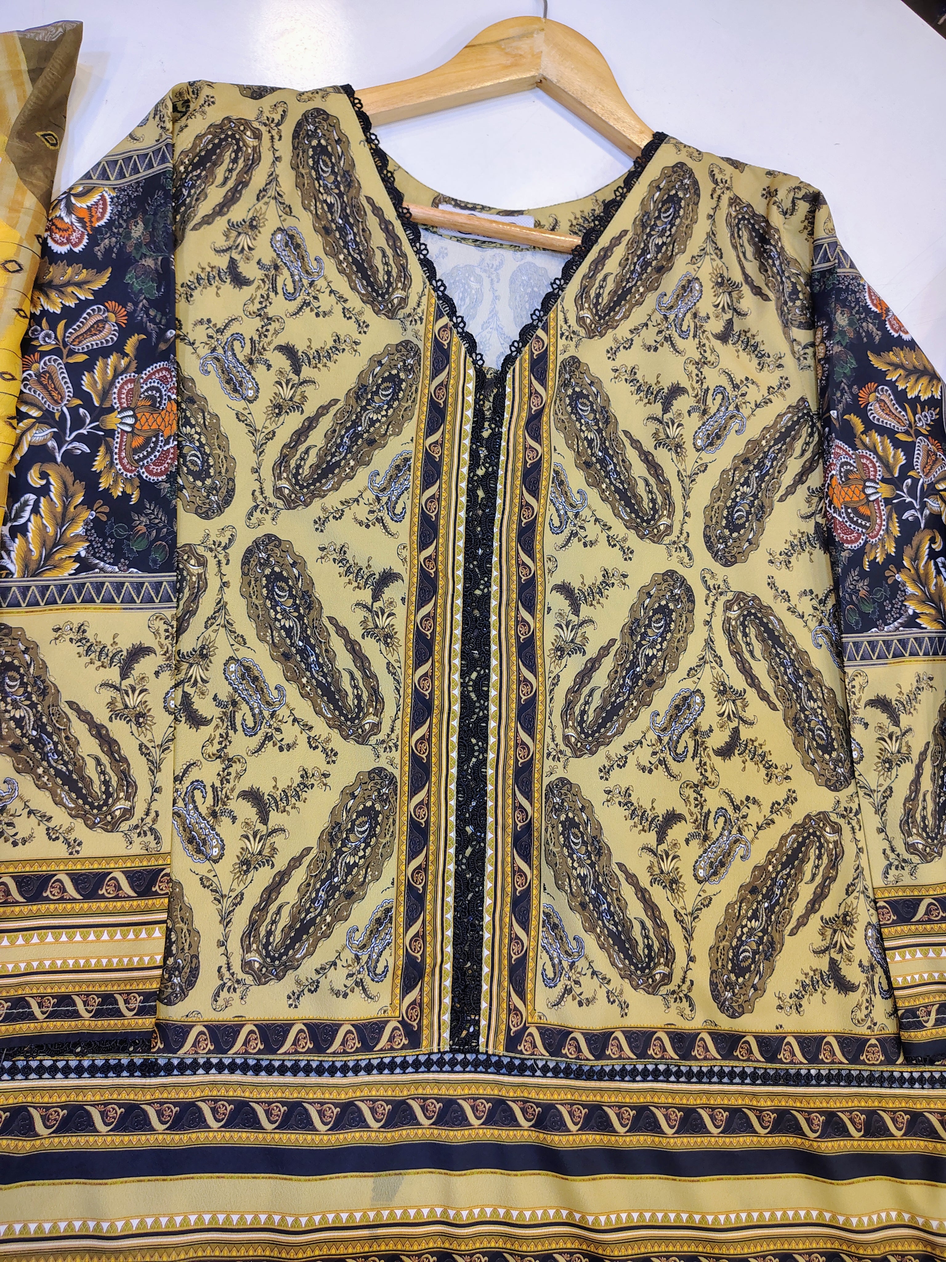 Mustard printed 3-piece grip suit by Fashion Street, featuring a stylish design and comfortable fit, displayed on a plain background.
