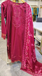 Elegant striped embroidered lawn suit with matching dupatta and trousers, crafted by Fashion Street for a sophisticated look.