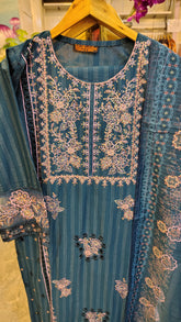 Blue 3-piece embroidered lawn suit by Fashion Street, featuring intricate embroidery and lightweight fabric for elegant summer wear.