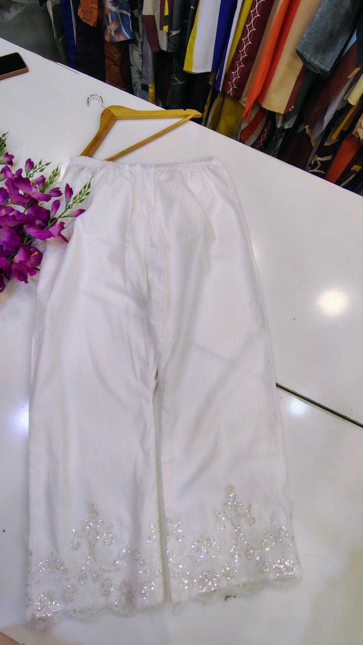 White Lace Detail Wide-Leg Trouser