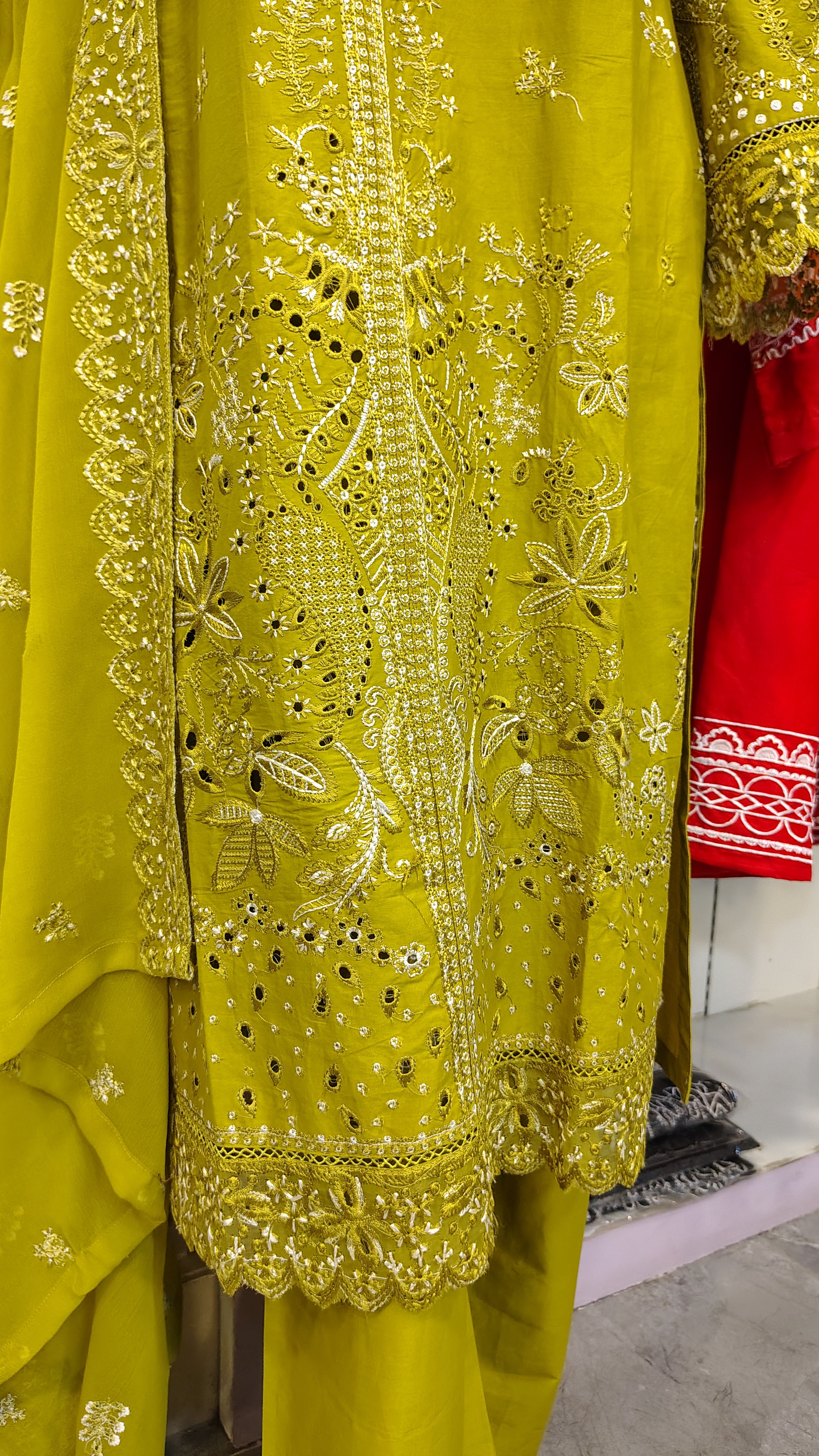 Olive Green Fully Embroidered 3 Piece Suit