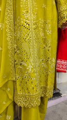 Olive Green Fully Embroidered 3 Piece Suit