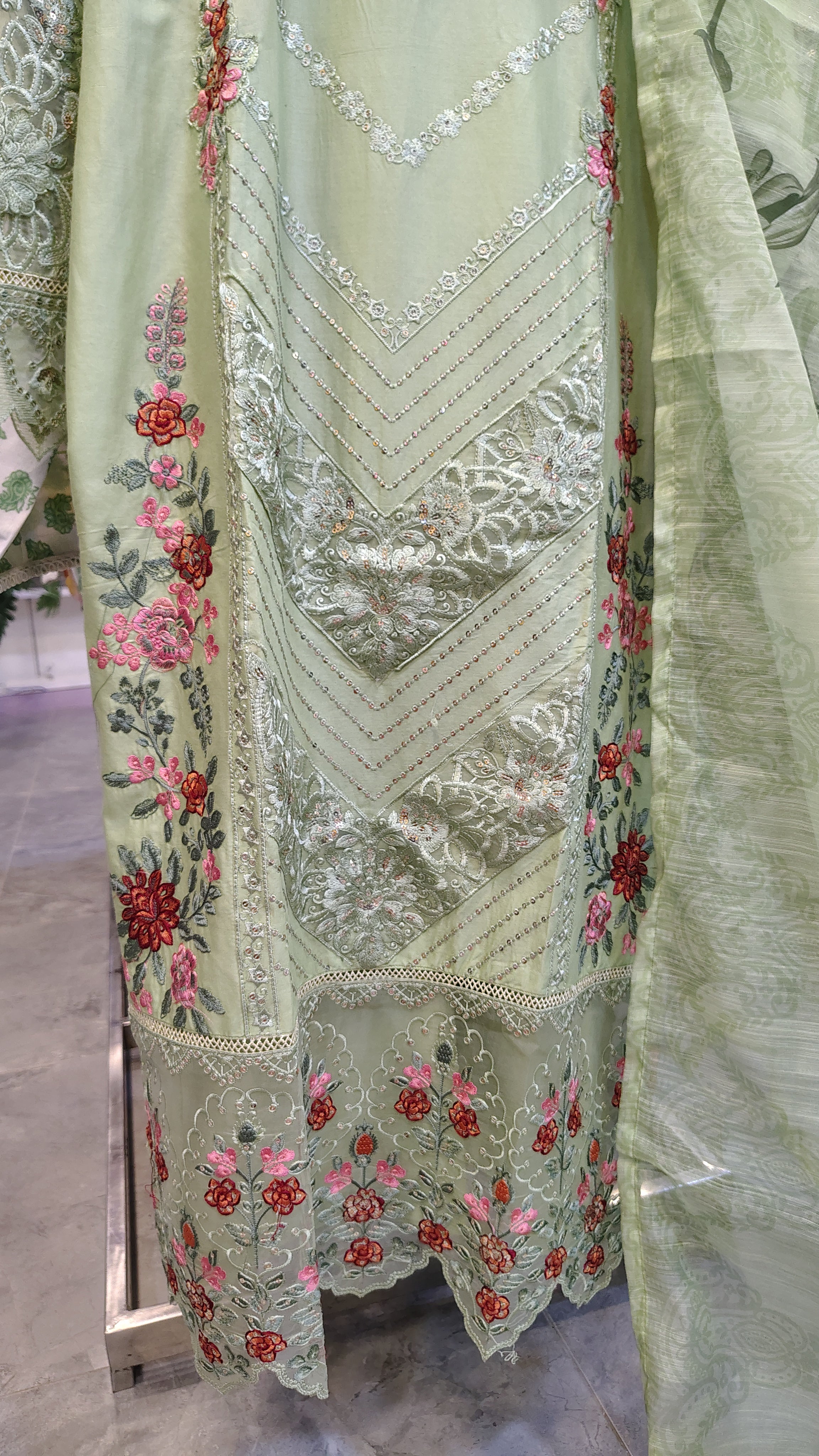Elegant Mint Green 3 Piece Embroidered Suit