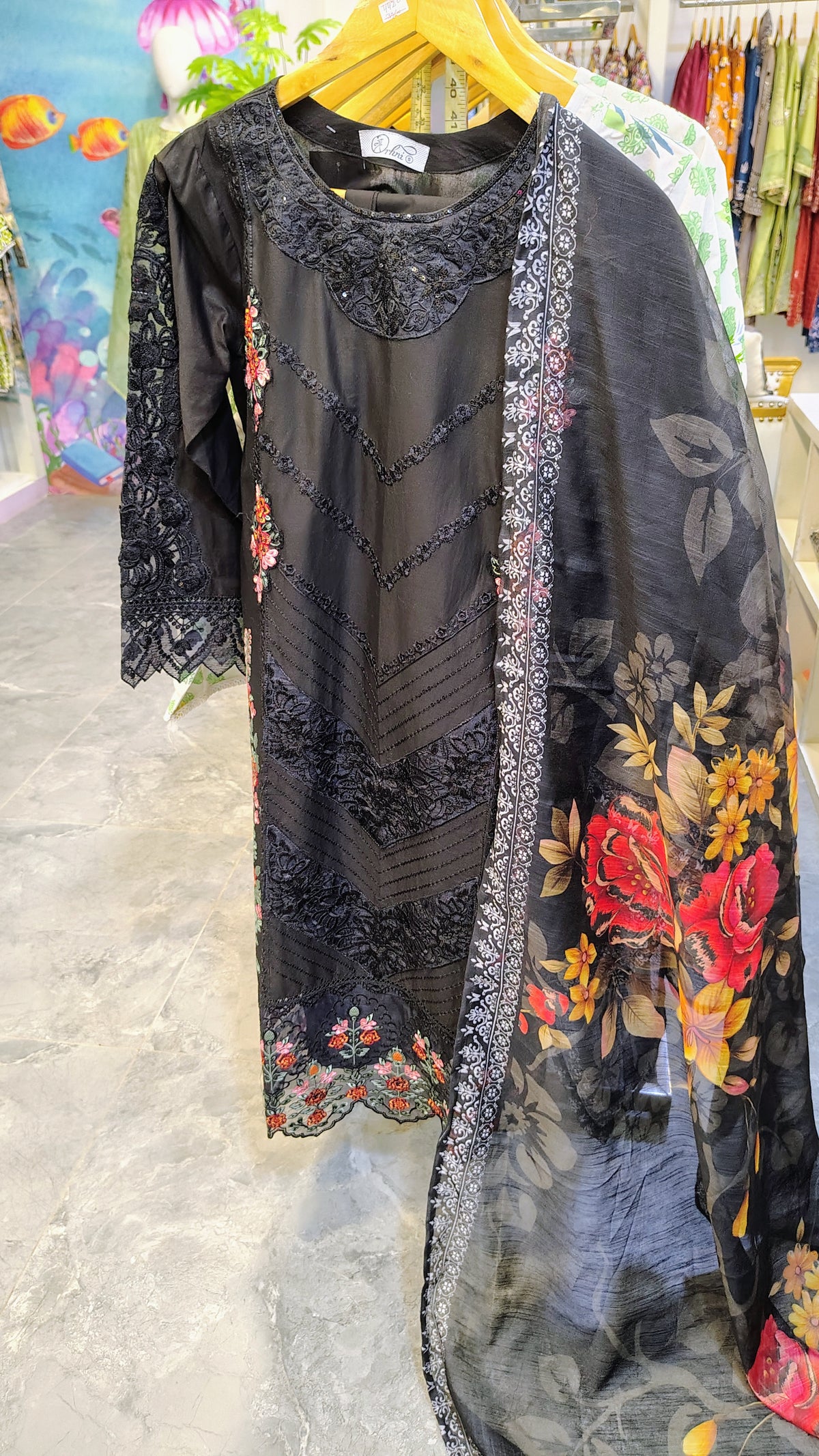 Elegant Black Embroidered Lawn 3 Piece Suit with Printed Dupatta