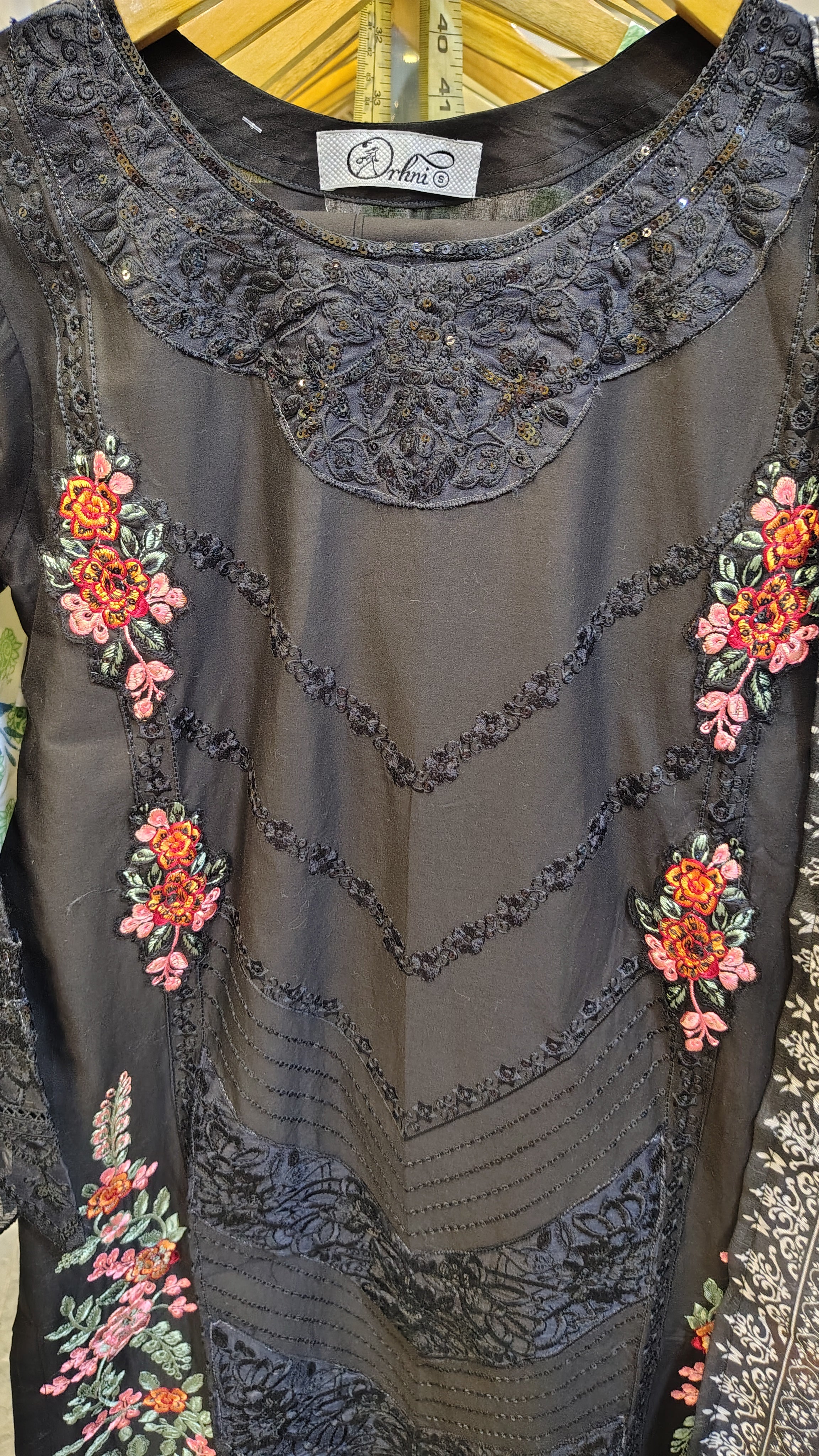 Elegant Black Embroidered Lawn 3 Piece Suit with Printed Dupatta