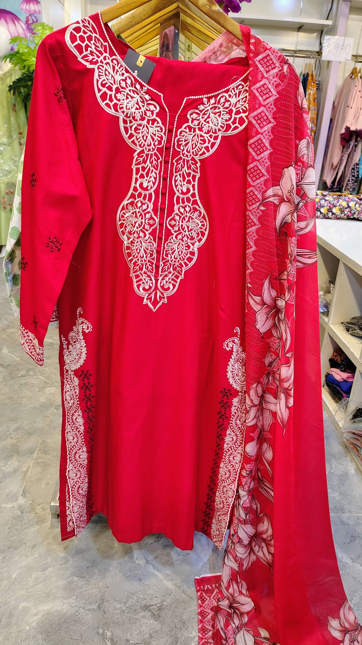 Ruby Red Embroidered Luxury Lawn Suit