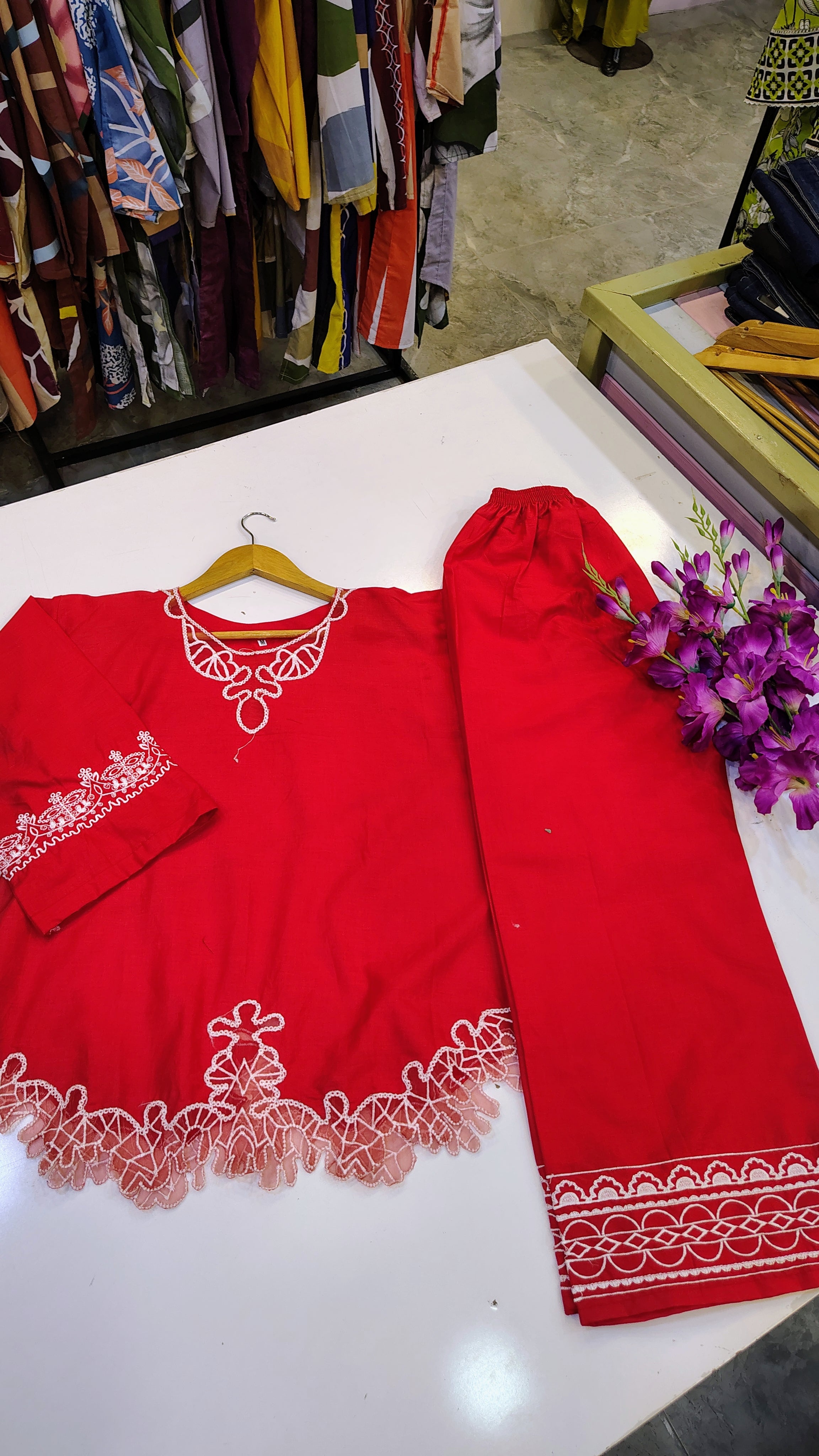 Premium Red Embroidered Top Set