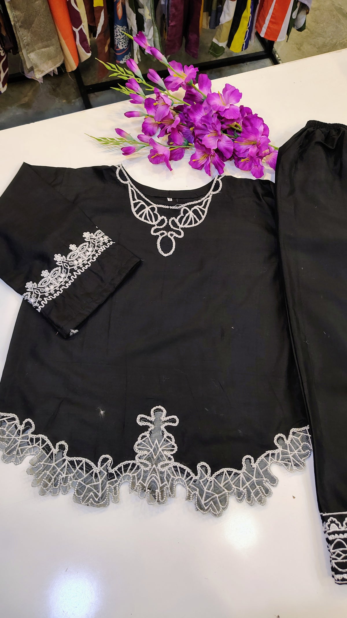 Black embroidered top set by Fashion Street featuring intricate embroidery and stylish design, perfect for casual or semi-formal wear.