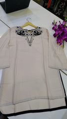 Off-White length lawn kurta with black embroidery, featuring intricate design, displayed on a hanger with detailed fabric texture.