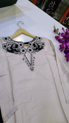 Off-White length lawn kurta with black embroidery, showcasing intricate designs and lightweight fabric, perfect for elegant traditional wear.