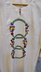 Off-White long embroidered lawn kurta with intricate embroidery, featuring traditional design and lightweight fabric.