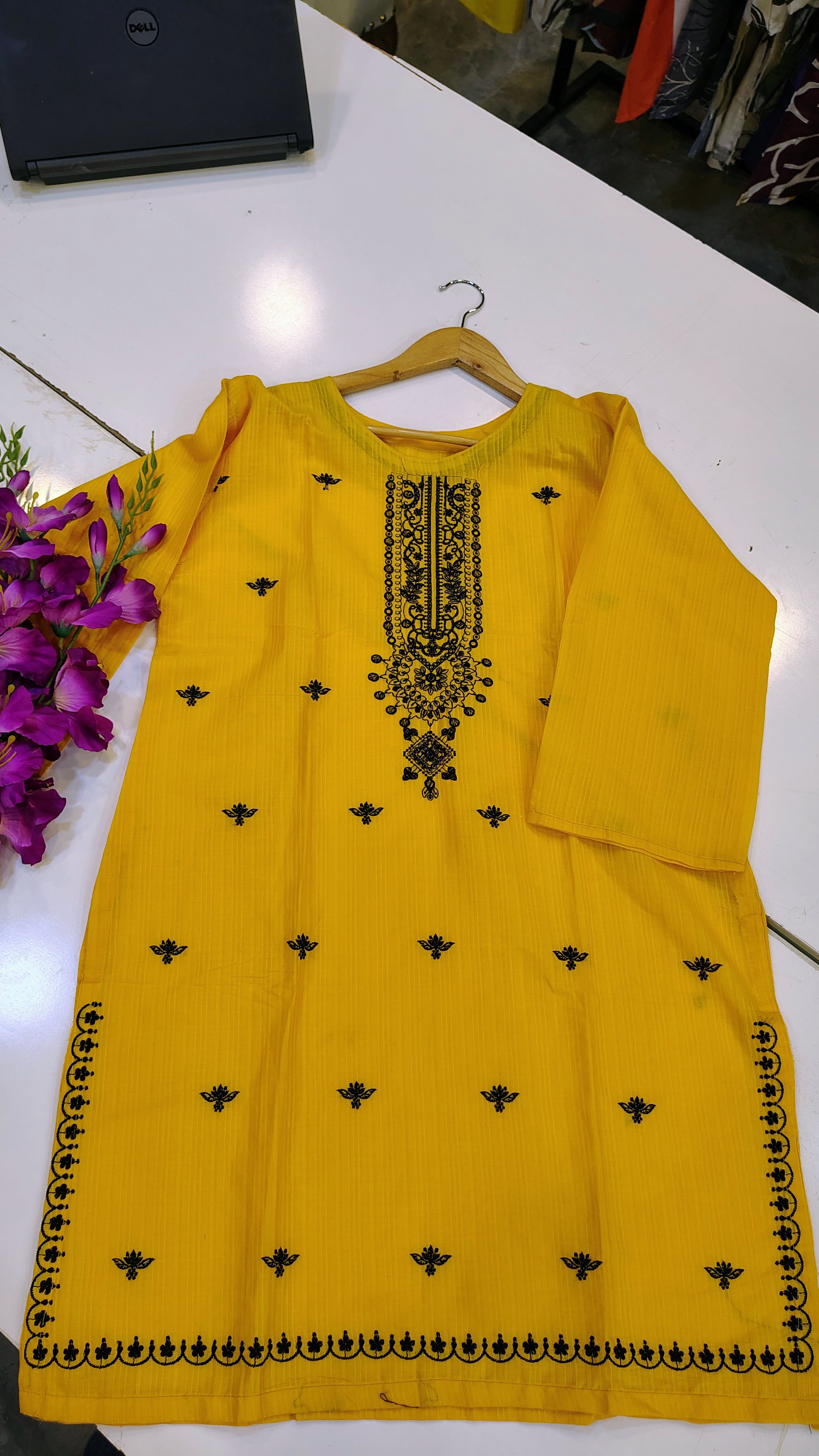 Yellow Short Length Embroidered Lawn Kurta