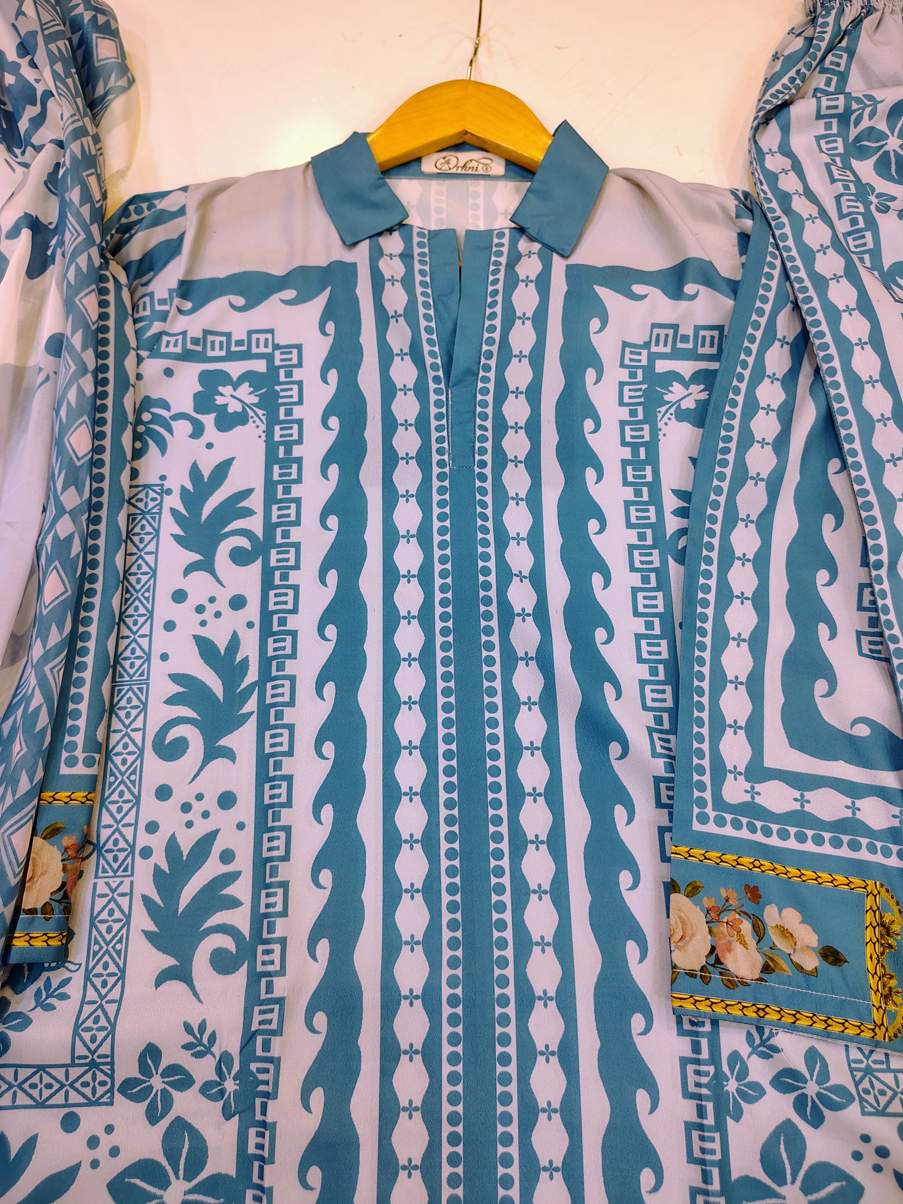 Sky blue printed 3-piece co-ord set from Fashion Street, featuring coordinated top, bottom, and matching jacket shown in the image.