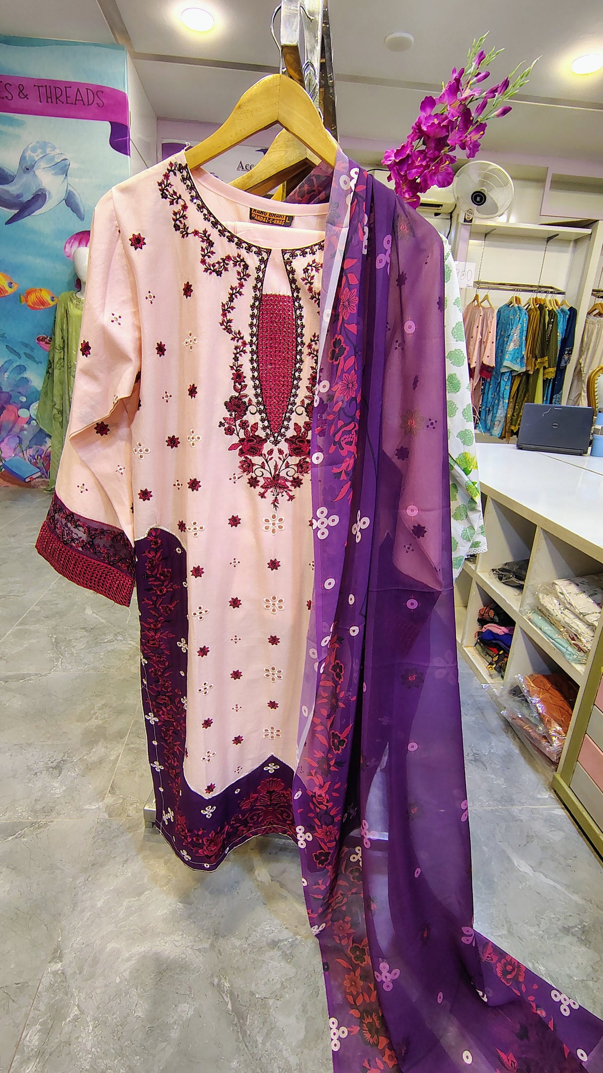 Elegant Peach Lawn Suit with Purple Embroidery