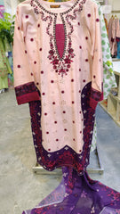 Elegant Peach Lawn Suit with Purple Embroidery