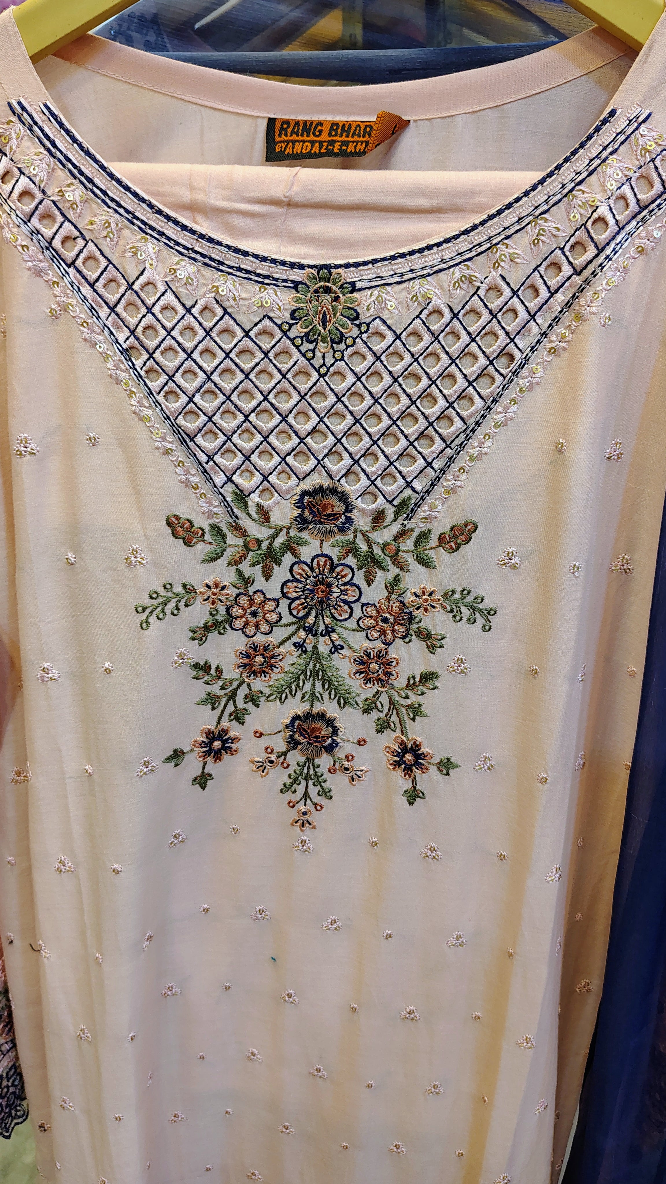 Elegant Peach & Blue Lawn Embraided Suit