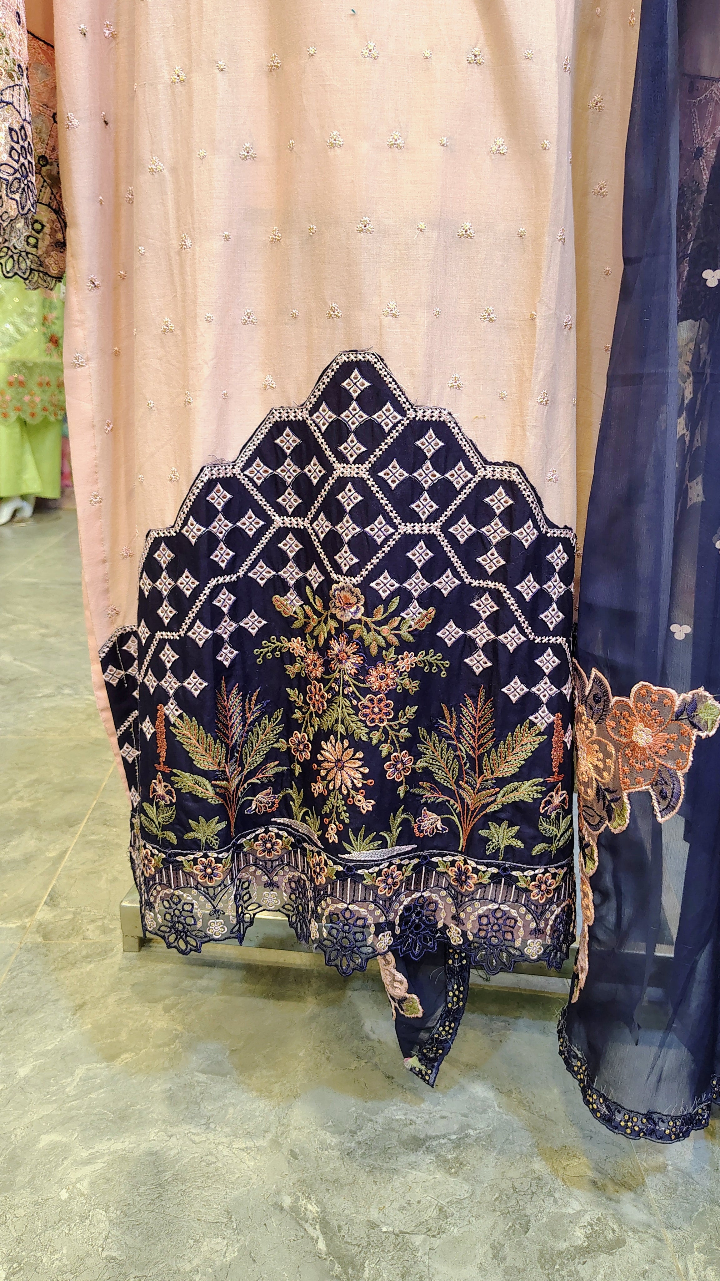 Elegant Peach & Blue Lawn Embraided Suit