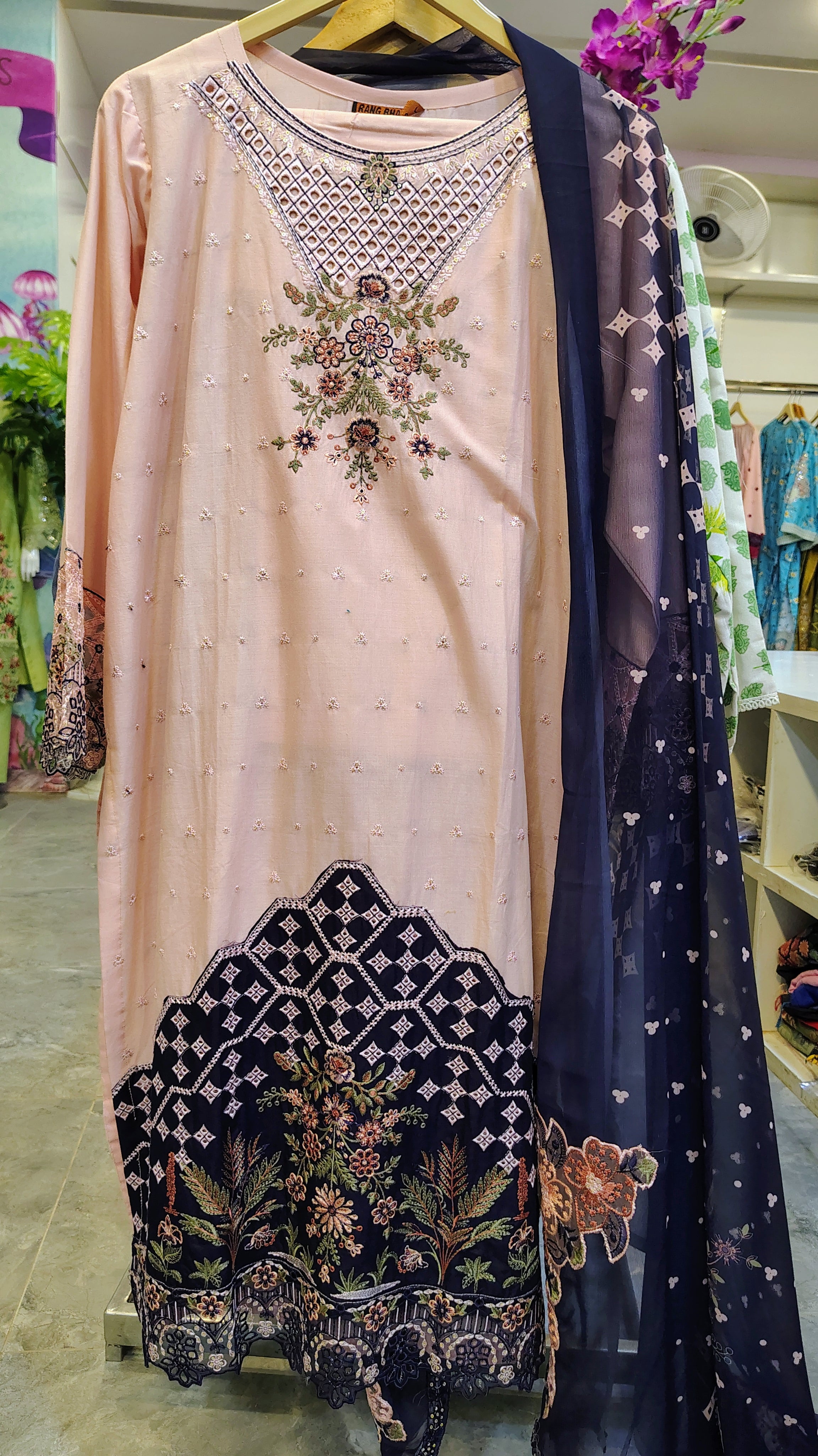 Elegant Peach & Blue Lawn Embraided Suit