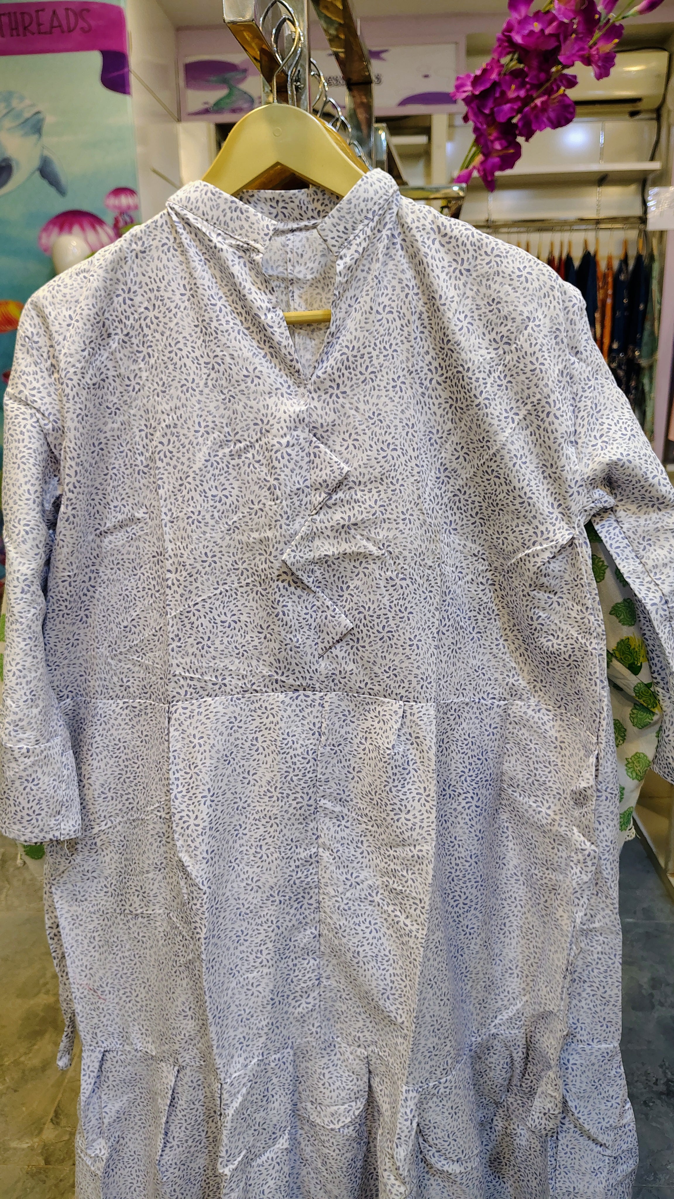 Grey Printed Cotton Long Frock
