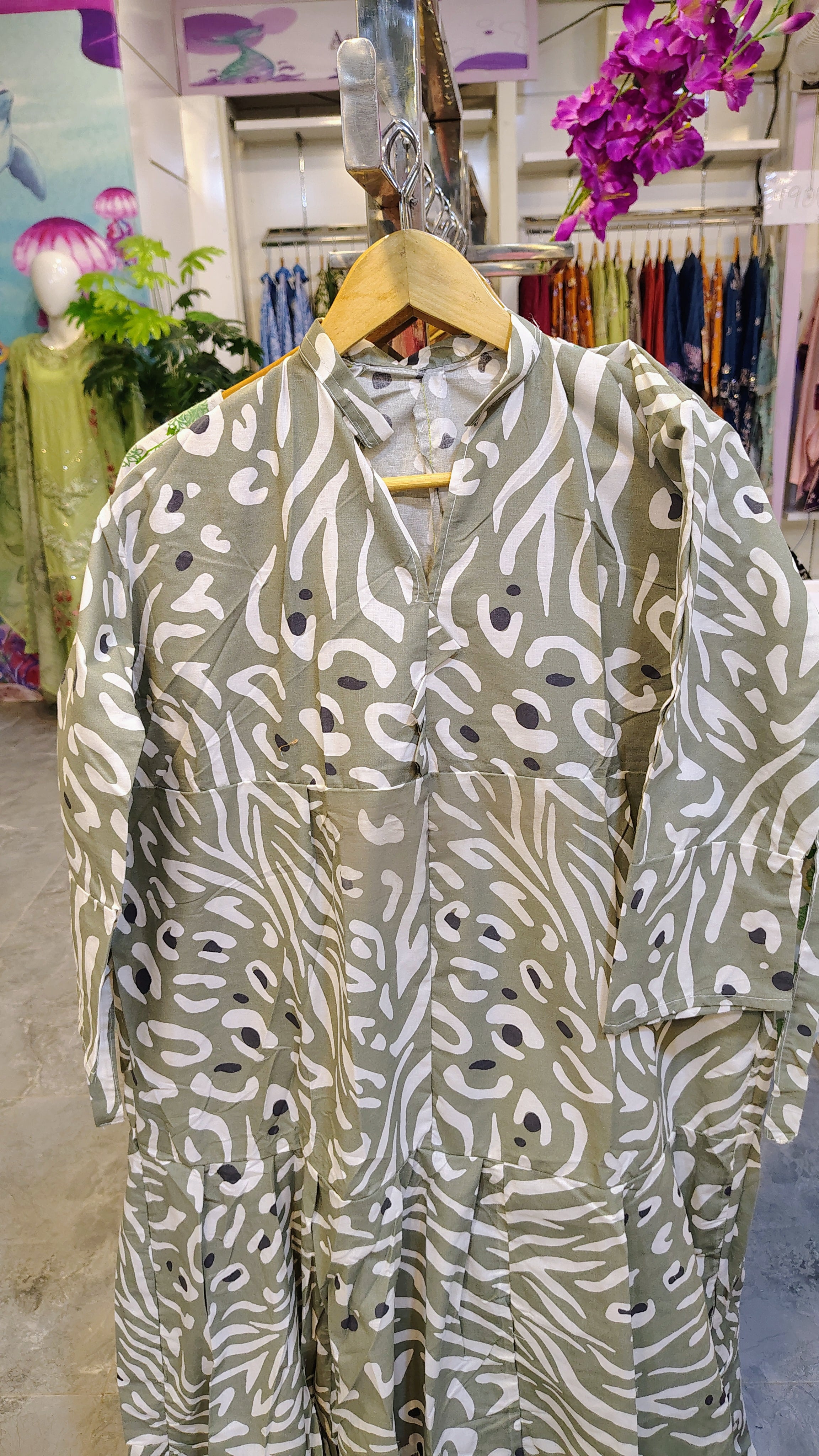 Grey & White Printed Cotton Long Frock