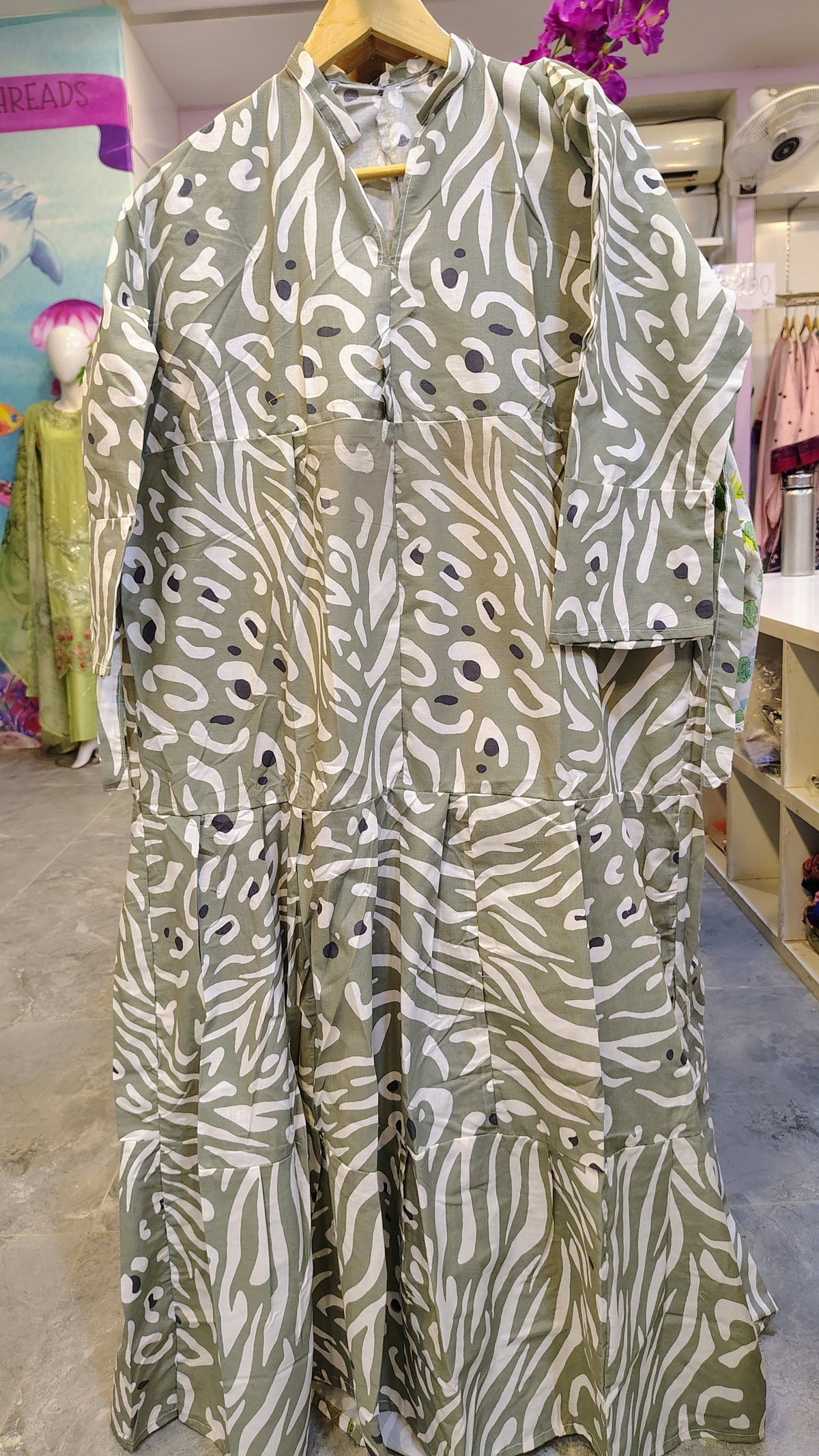 Grey & White Printed Cotton Long Frock